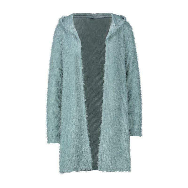 Women Solid Color Long Sleeves Loose Pattern Plush Cardigan With Hat