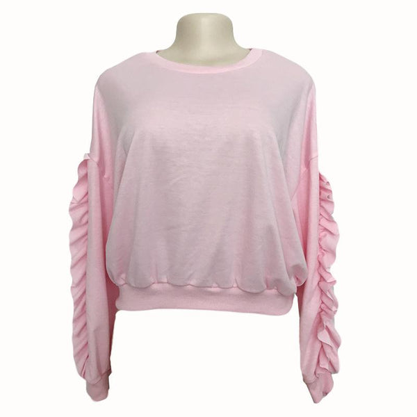 Women Solid Color Unique Flouncing Long Sleeves Pullover Sweatshirt