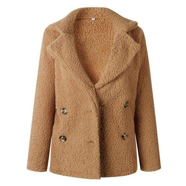 Women Solid Color Warm Winter Thickening Lapel Collar Plush Coat
