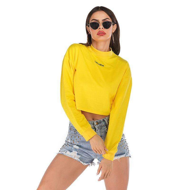 Women Street Style Simple Letters Print Cropped Bright Yellow Sweatshirt
