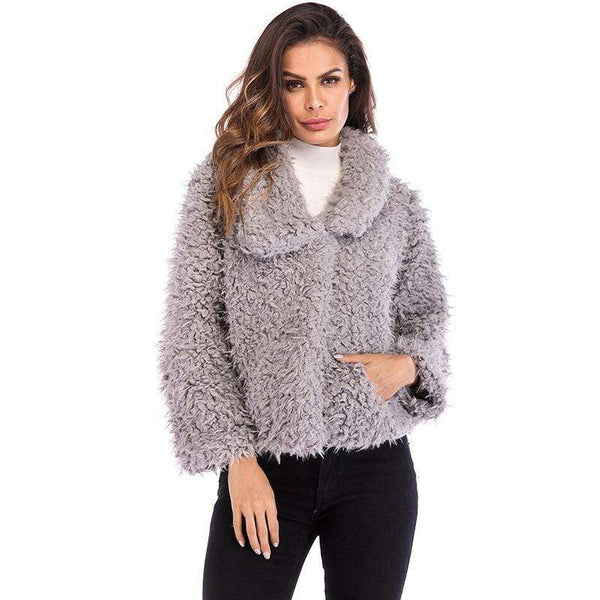 Women Winter Casual Wear Solid Color Fluffy Lapel jacket