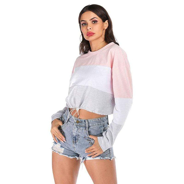 Young Lady Candy Color Block Design Long Sleeve Cropped Sweatshirt