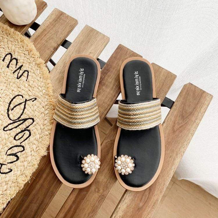 TIY Footwear Pearl Decor Toe Ring Braided Wide Strap Slippers Shoes TIY