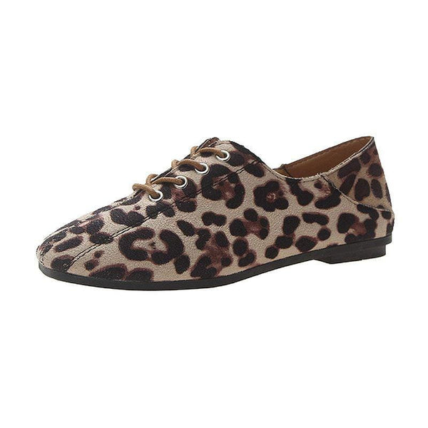 TIY Footwear Retro Style Leopard Print Suede Upper Lace-up Antiskid Basic Flat Shoes TIY