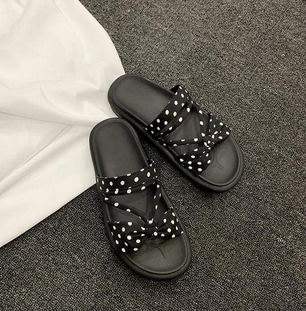TIY Footwear Roman Style Bowknot Pattern Polka Dot Print Upper Round Toe Platform Slippers Shoes TIY