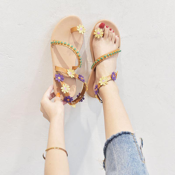 TIY Footwear Round Toe Flower Decor Toe Ring Flat Sandals Shoes TIY