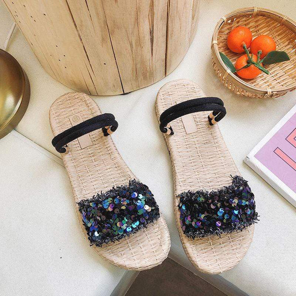 TIY Footwear Sequin Decor Wide Strap Open Toe Two Wearing Ways Sandals Shoes TIY