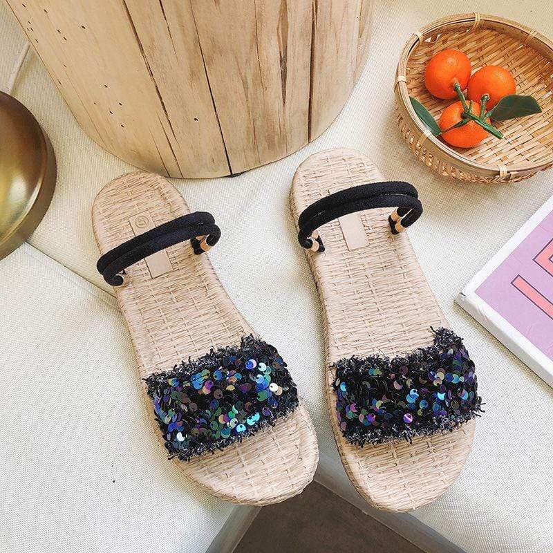 TIY Footwear Sequin Decor Wide Strap Open Toe Two Wearing Ways Sandals Shoes TIY