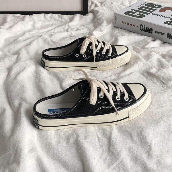 TIY Footwear Solid Color Lace-up Women Casual Canvas Shoes Flat Mules TIY