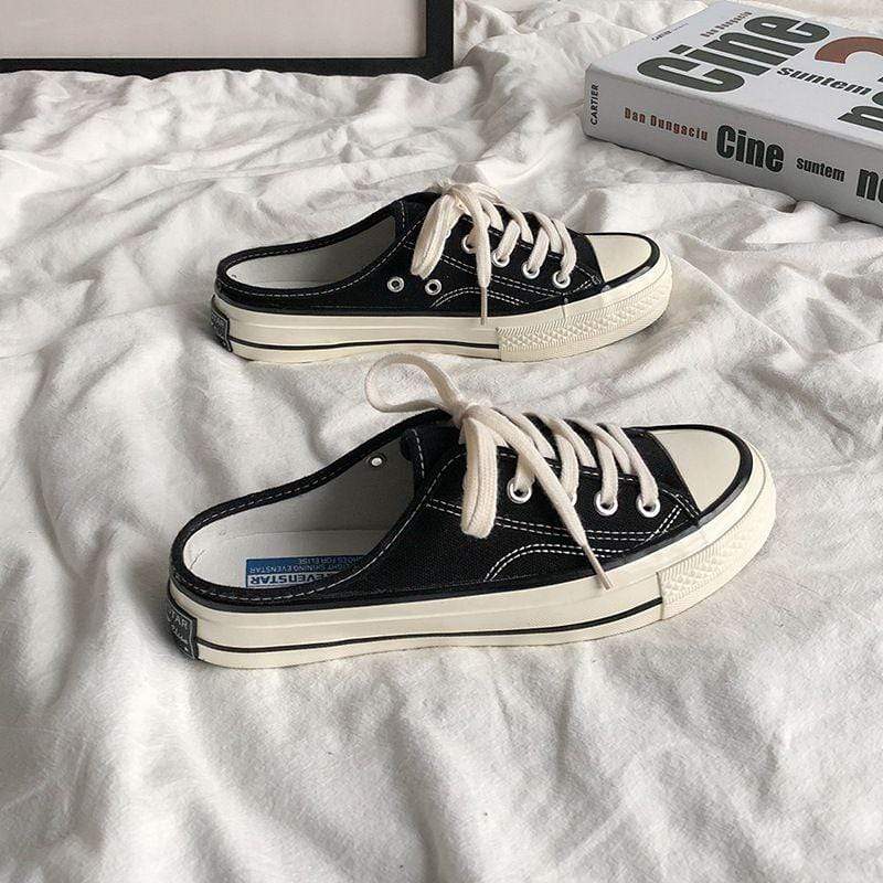 TIY Footwear Solid Color Lace-up Women Casual Canvas Shoes Flat Mules TIY