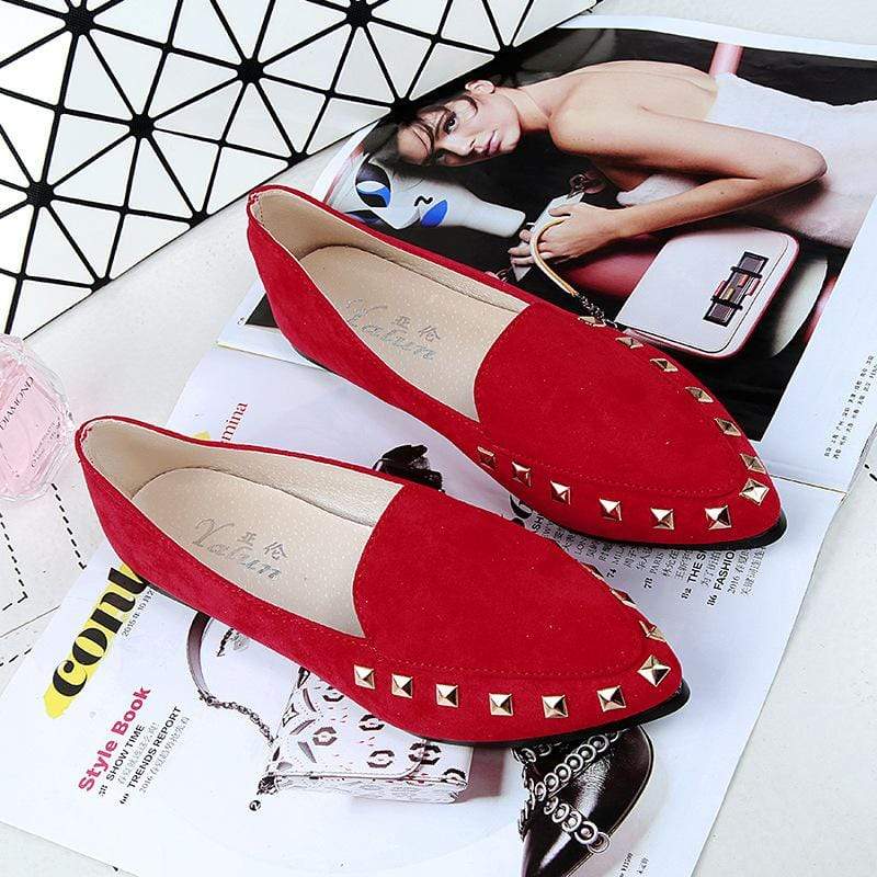 Suede Pointed Toe Studded Design Flat Shoes