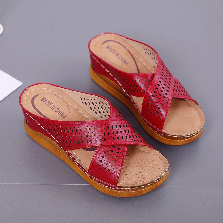Summer Fashion Solid Color PU Hollow Out Upper Wedges Slippers Shoes