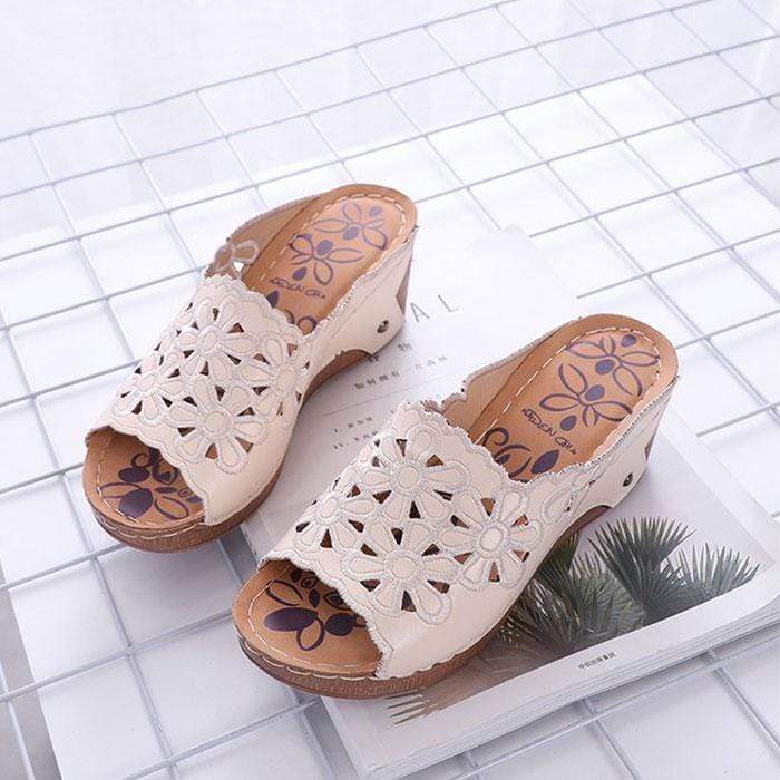 Summer Women Casual PU Upper Flower Pattern Hollow Out Design Open Toe Wedges Slippers Shoes
