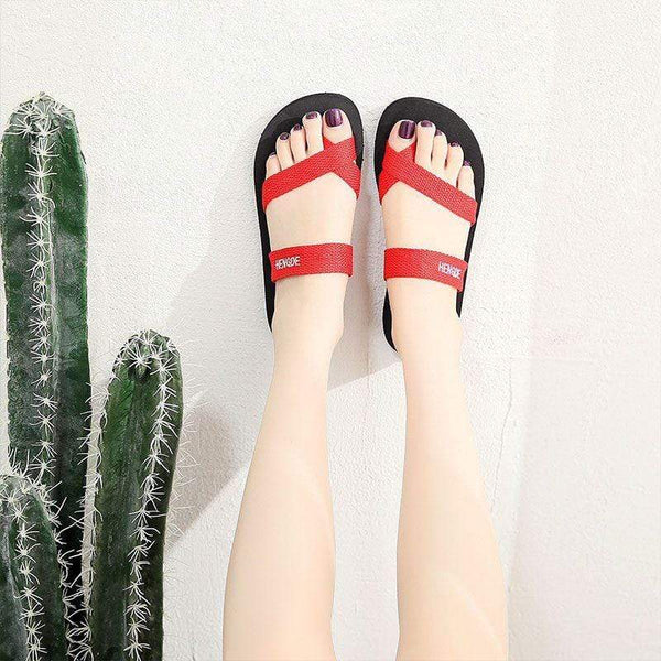 Summer Women Letters Printed Toe Ring Design Antiskid Flat Slippers Shoes