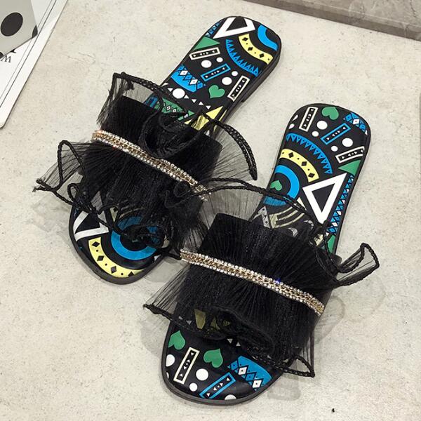 Sweet Cute Style Rhinestone Ruffled Mesh Design Flat Slippers Shoes