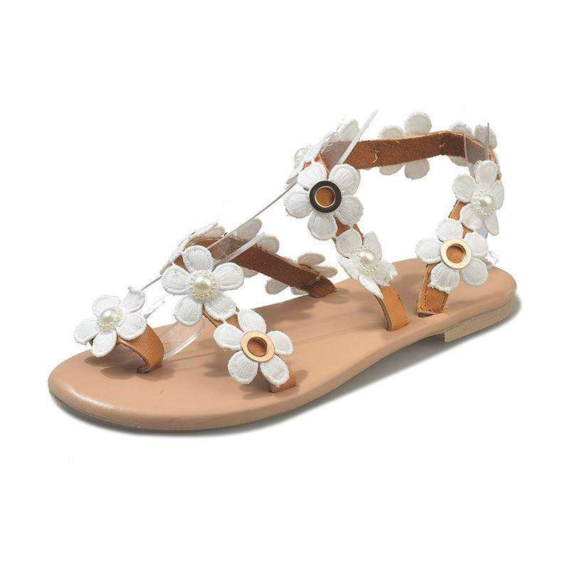 Sweet Flower Pattern Decor Toe Ring Design Flat Sandals Shoes