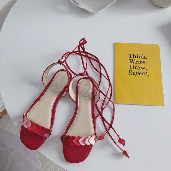 TIY Footwear Sweet Heart Pattern Design Ankle Strap Lace up Flat Sandals Shoes TIY