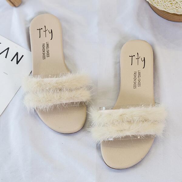 Sweet Style High Quality Imitation Fur Upper Open Toe Low Heels Slippers Shoes