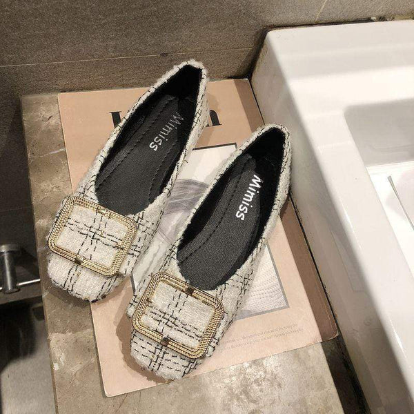 Sweet Style Plaid Pattern Square-toe Fashion Metal Decor Loafers Shoes