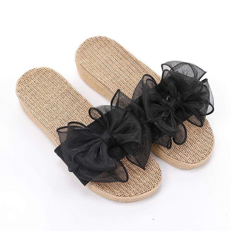 Sweet Young Women Mesh Bowknot Design Linen Slippers Sandals Shoes