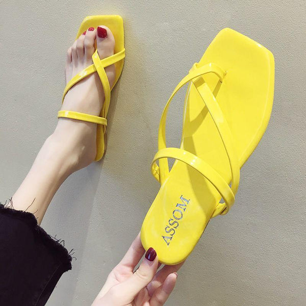 Toe Ring Design Solid Color Square-toe Casual Flat Slippers Shoes