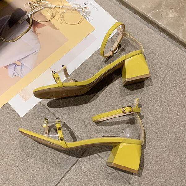 Transparent Upper Rivet Decor Square Heel Sandals Shoes