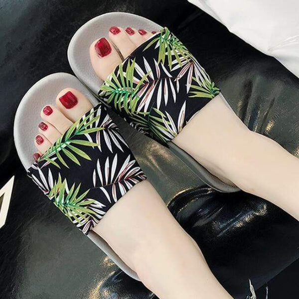 Tropical Leaf Pattern Open Toe Flat Slippers Shoes