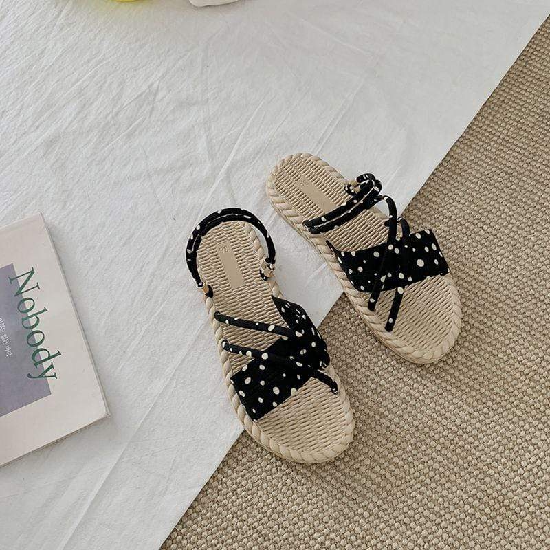 Two Wearing Ways Polka Dot Pattern Upper Flat Sandals Shoes