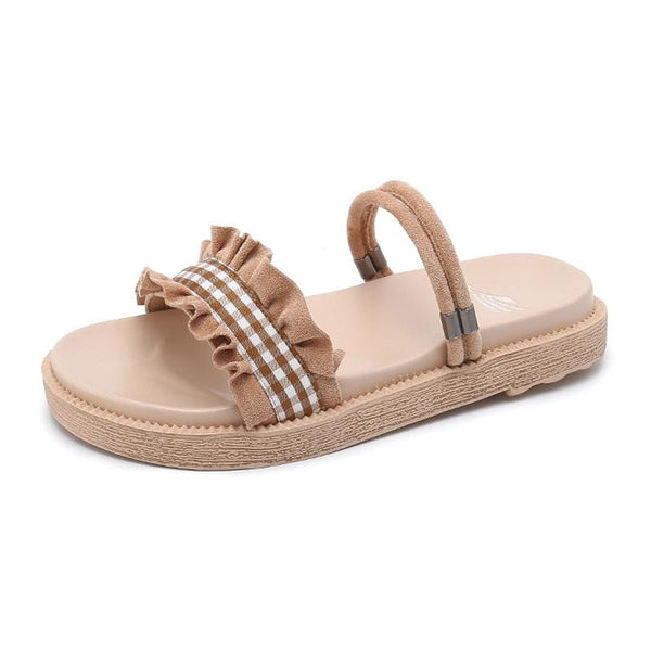 Two Wearing Ways Ruffled Plaid Design Gladiator Slippers Shoes
