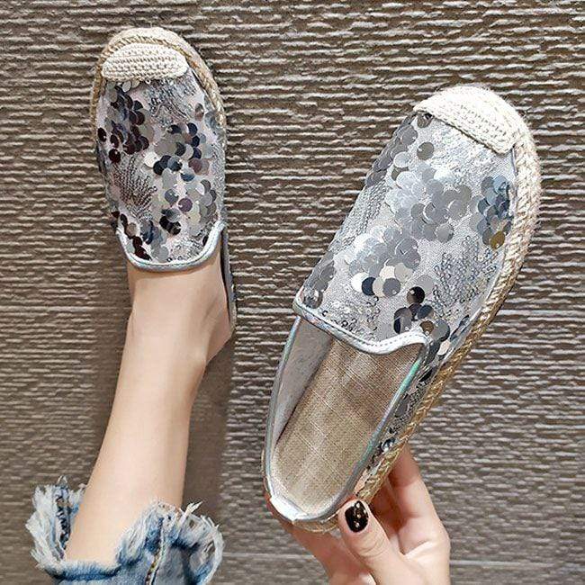 Unique Sequins Decor Design Women Round Toe Breathable Flat Slippers Shoes