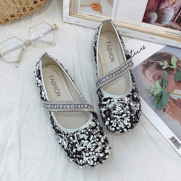 Unique Sequins Decor Letter Printed Elastic Band Design Women Fashion Flat Shoes