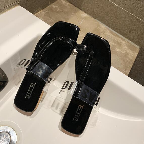 Unique Square-toe Transparent Upper Letters Print Toe Ring T-shaped Slippers Shoes