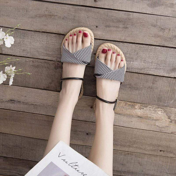 Vacation Style Classic Houndstooth Print Upper Flat Slippers Shoes
