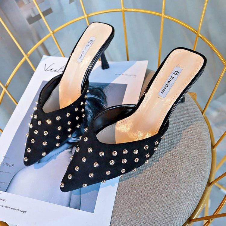 Work Women Sexy Rivet Decor Pointed-toe High Heels Slippers Shoes