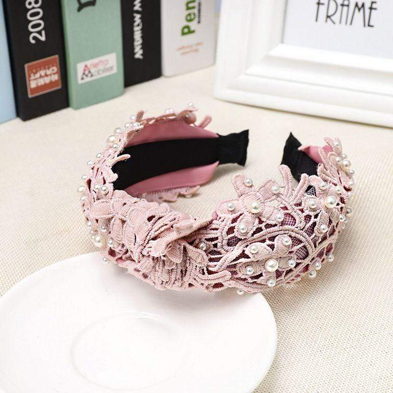 TIY Hair Care Solid Color Hollow Lace Knotted Design Pearl Decor Headband TIY