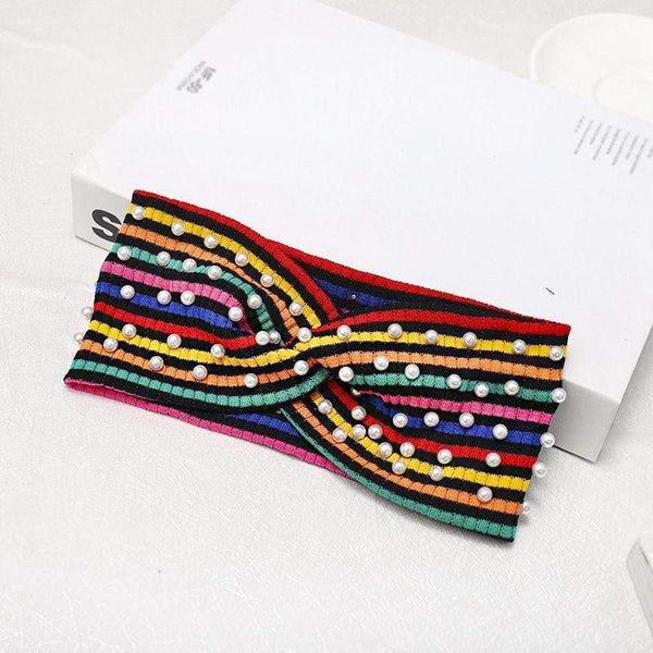 Unique Rainbow Color Block Design Pearl Beaded Elastic Headband