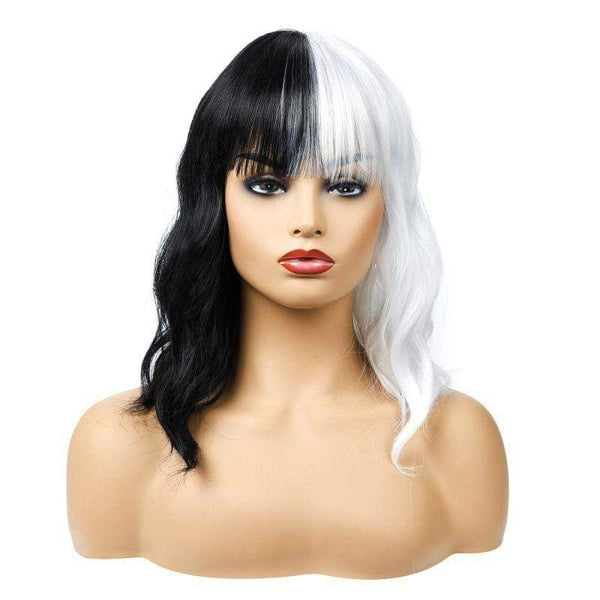 TIY Hair Care Unique Women Black White Combination Medium Length Wavy Hair Wig TIY