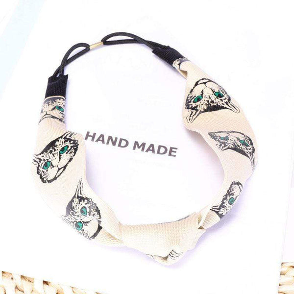 Women Vintage Pattern Unique Cat Letters Print Mesh Patchwork Headband