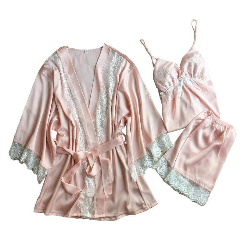 TIY Home Sexy Lady Lace Silk Camisole Shorts Bathrobe Pajamas Set TIY