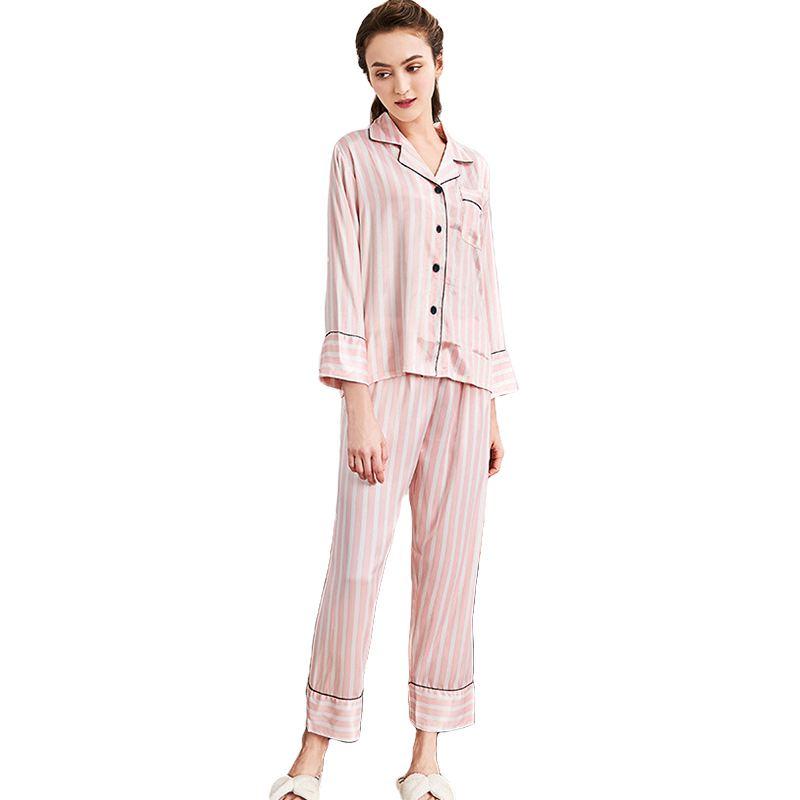 Young Women Bright Color Classic Stripe Print Silk-like Pajamas Set