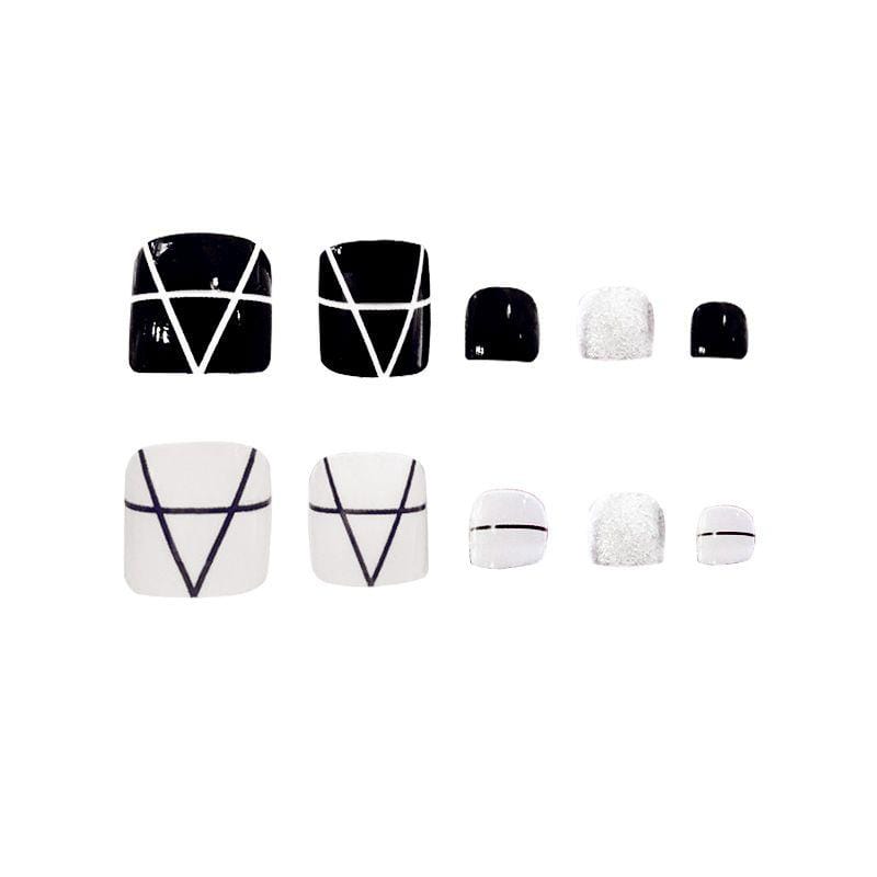 TIY Makeup Simple Fashion Black White Shiny Silver Stripes Geometric Artificial Toenails Piece With Nail Glue TIY