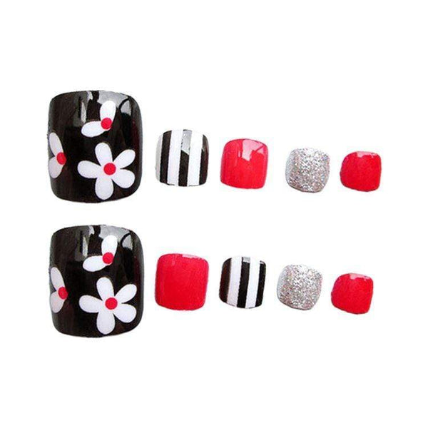 Women's Red Black Glitter Silver Flowers Fashion Fake Artificial Toenails For Wholesale