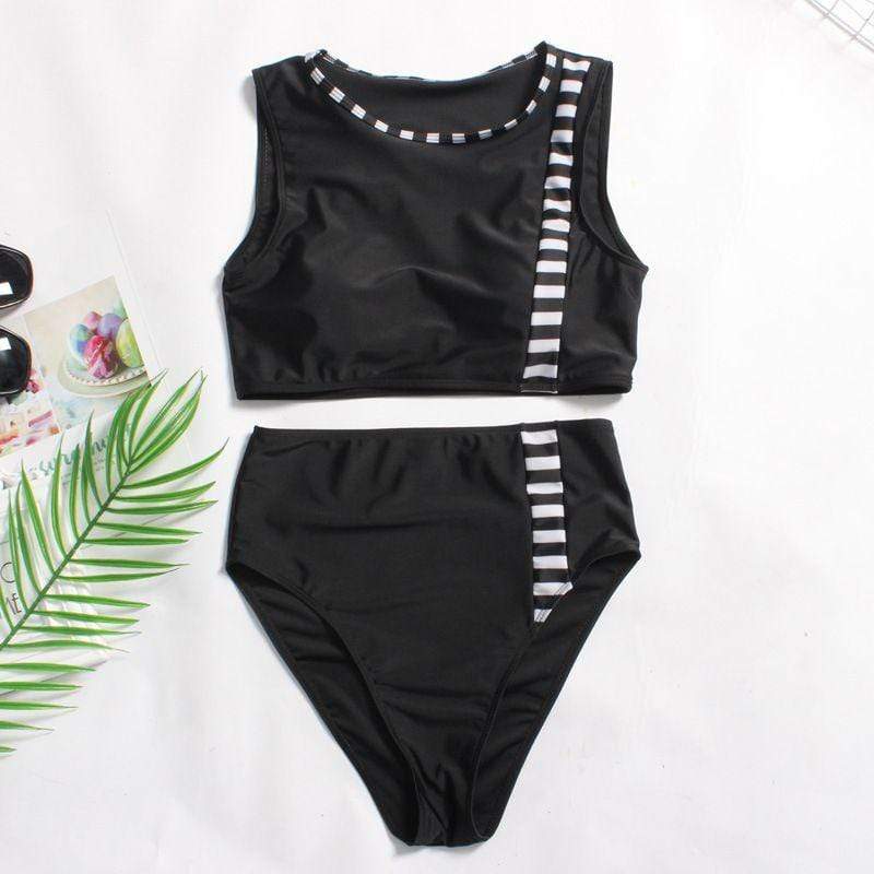 TIY Men Apparel Plus Size Contrast Stripes Print Women High-waisted Two-piece Swimwear TIY