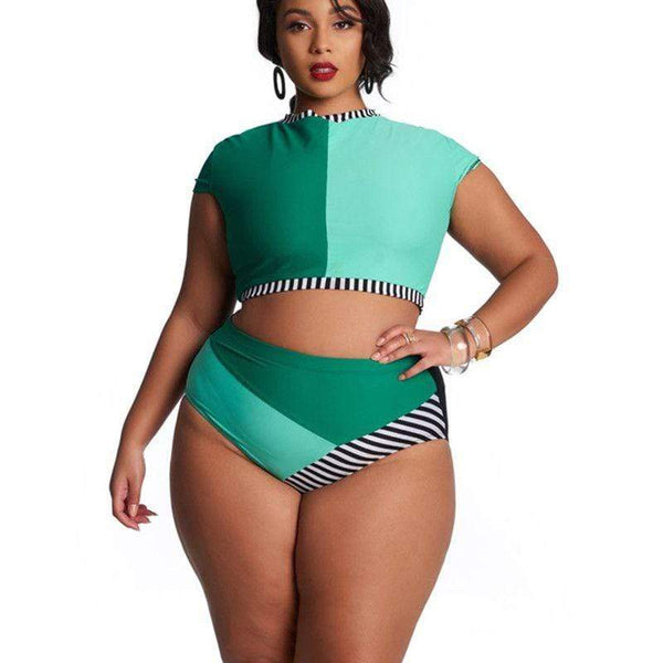 TIY Men Apparel Plus Size Women Color Blocking High-waisted Two-piece Swimsuits TIY