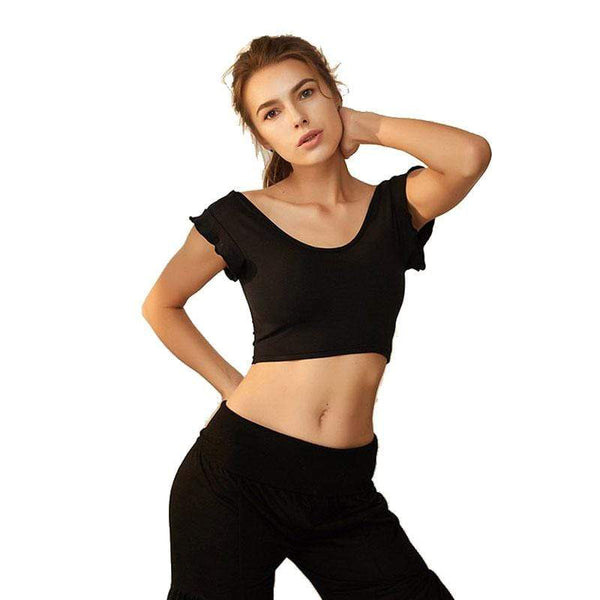 TIY Men Apparel Sexy Backless Low-cut Design Women Ruffle Design Solid Color Yoga Crop Top TIY