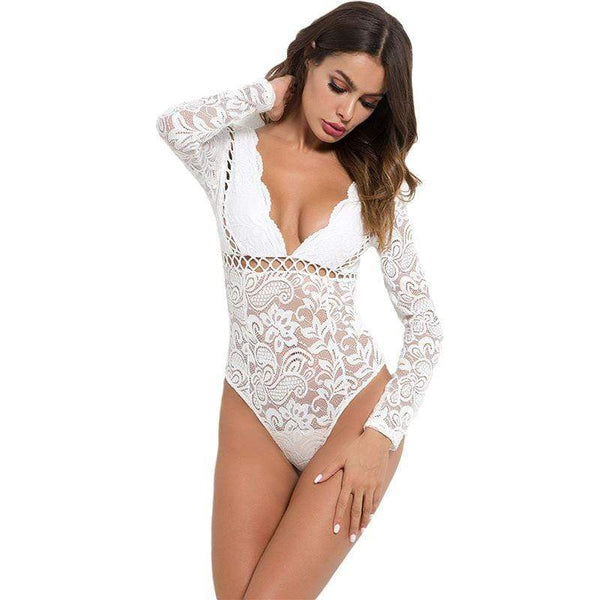 TIY Men Apparel Sexy Lady Solid Color Hollow Lace Deep V Neck Bodysuits TIY