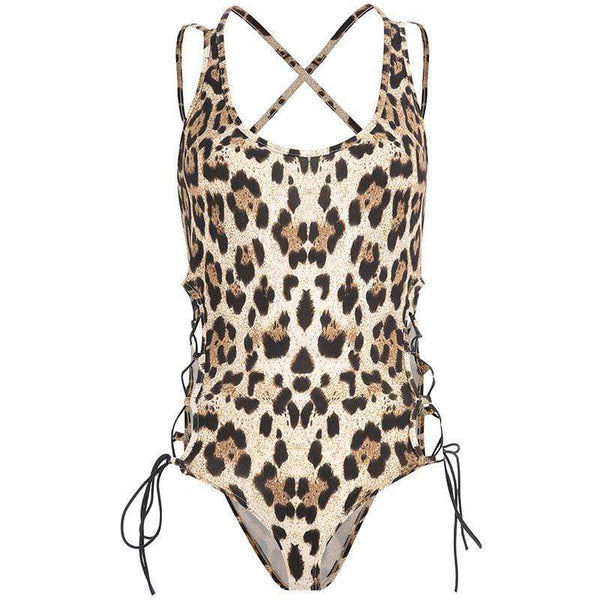 TIY Men Apparel Sexy Leopard Women Lace-up Backless Tight Bodysuits TIY