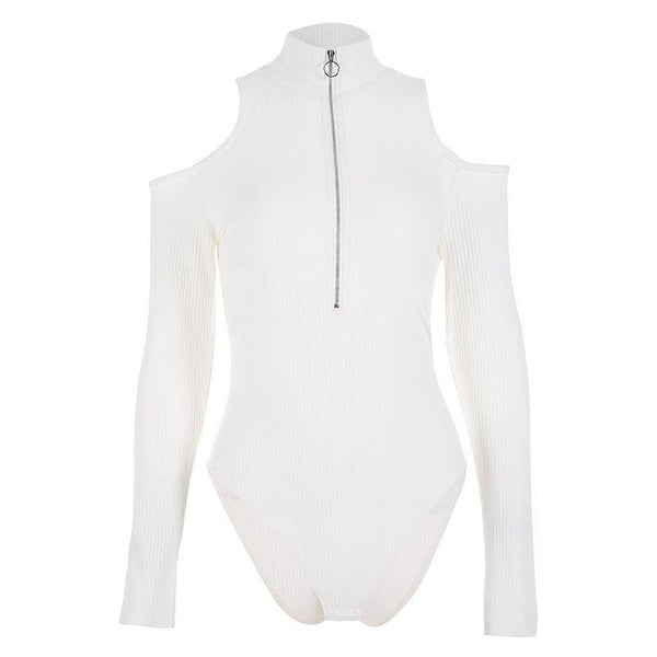 TIY Men Apparel Sexy Mock Neck Zipper Design Women Cool-shoulder Long-sleeve Bodysuits TIY