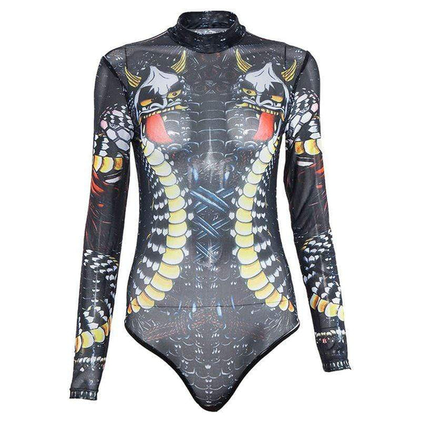 TIY Men Apparel Sexy See-through Mesh Fabric Graphic Print Long-sleeve Bodysuit TIY