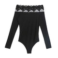 TIY Men Apparel Sexy Women Polyester Solid Color Lace Off Shoulder Flounce Long Sleeves Bodysuit TIY